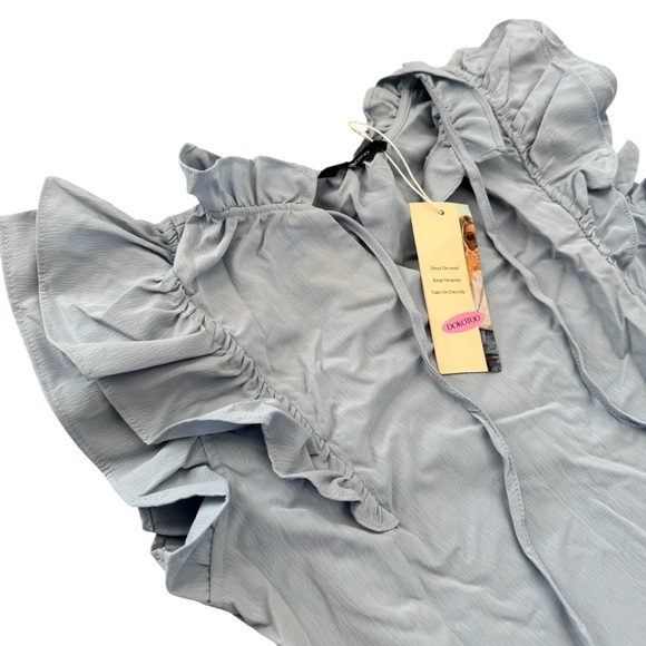 NWT Dokotoo Baby Blue Babydoll Ruffle Sleeve Drawstring V-neck Swing Dress Small - Picture 5 of 13